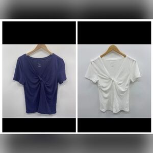 A New Day Purple and White Ruched Tie Front Short Sleeve Linen Blend Tees sz XXL